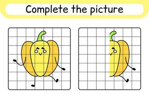 Complete the picture pepper. Copy the picture and color. Finish the image. Coloring book. Educational drawing exercise game for children vector