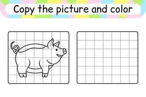 Copy the picture and color pig. Complete the picture. Finish the image. Coloring book. Educational drawing exercise game for children vector