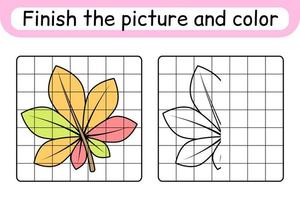 Complete the picture leaf chestnut. Copy the picture and color. Finish the image. Coloring book. Educational drawing exercise game for children vector