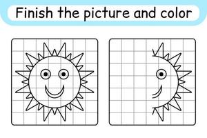 completa el cuadro sol. copiar la imagen y el color. terminar la imagen. libro de colorear. juego educativo de ejercicios de dibujo para niños vector