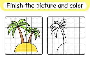 Complete the picture palm. Copy the picture and color. Finish the image. Coloring book. Educational drawing exercise game for children vector