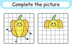 Complete the picture pepper. Copy the picture and color. Finish the image. Coloring book. Educational drawing exercise game for children vector