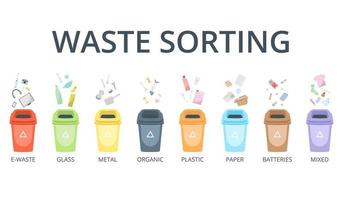 Waste sorting concept. Garbage containers and types of trash. vector