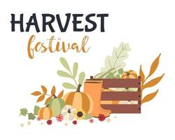 Autumn concept for Harvest festival or Thanksgiving Day. Blue car with pumkins, sunflowers and leaves. Background for posters, web, banners, flyers, postcards vector