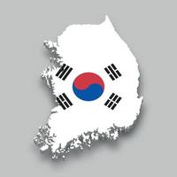 Mapa isométrico 3d de corea del sur con bandera nacional. vector