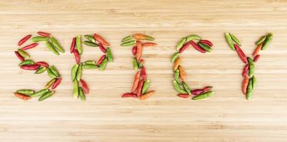 Top view colorful bird chilli with message SPICY on wooden background photo