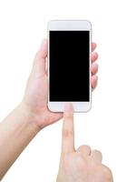 Hand holding smart phone isolated on white background photo