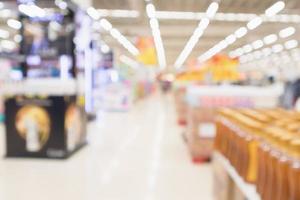 Abstract blur supermarket discount store aisle and product shelves interior defocused background photo