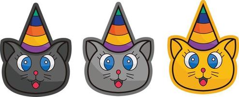 a set of kittens on a white background, cute pet in cartoon style vector illustration with birthday hat decoration