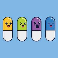 un conjunto de medicamentos o vitaminas, píldoras ilustración vectorial en estilo de dibujos animados lindo vector