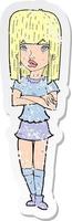 pegatina retro angustiada de una chica de dibujos animados con los brazos cruzados vector