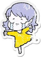 distressed sticker of a cartoon crying elf girl vector