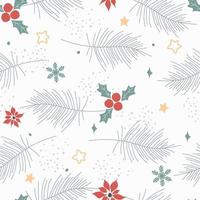 Seamless pattern with winter spruce branches, berries and poinsettia flowers, snowflakes. Christmas natural pattern. Vector graphics.