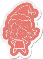 cartoon  sticker of a girl pouting wearing santa hat vector