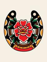 Old tattooing school colored rose isolated vector illustration.