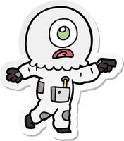sticker of a cartoon cyclops alien spaceman pointing vector