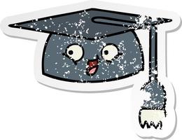 distressed sticker of a cute cartoon graduation hat vector