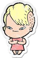 distressed sticker of a cute cartoon girl with hipster haircut vector