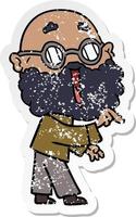 distressed sticker of a cartoon joyful man with beard pointing finger vector