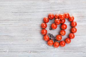 top view of vintage red coral necklace on gray photo