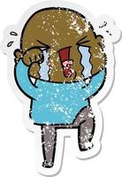 distressed sticker of a cartoon crying bald man vector