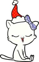 comic book style illustration of a cat with bow on head wearing santa hat vector