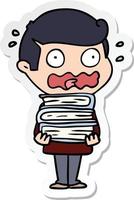 sticker of a cartoon man with books totally stressed out vector