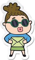 sticker of a cartoon woman wearing sunglasses vector