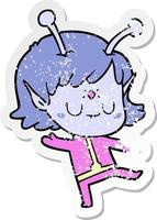 distressed sticker of a cartoon alien girl vector