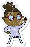 distressed sticker of a cartoon woman wearing glasses vector