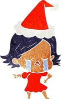 retro cartoon of a girl crying and pointing wearing santa hat vector