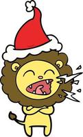 line drawing of a roaring lion wearing santa hat vector