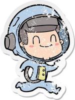 distressed sticker of a happy cartoon astronaut vector