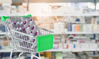 Medical pills capsule in shopping cart with pharmacy drugstore shelves blurred background photo