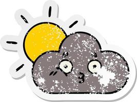 distressed sticker of a cute cartoon storm cloud and sun vector