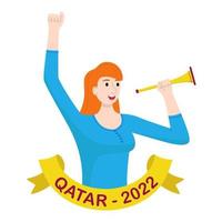 Qatar soccer fan girl cheering on her team. Cheerful cheerleader with raised hand and football pipe. Sports image in cartoon style. Vector illustration