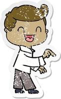 distressed sticker of a cartoon happy man pointing vector