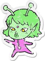 pegatina angustiada de una linda chica alienígena de dibujos animados vector