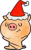 happy textured cartoon of a pig wearing santa hat vector