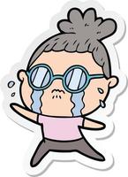 sticker of a cartoon crying woman wearing spectacles vector