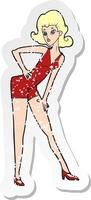 retro distressed sticker of a cartoon model woman posing vector