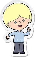 sticker of a cartoon unhappy boy giving peace sign vector