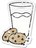 pegatina angustiada de una caricatura de galletas y leche vector