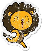 distressed sticker of a laughing lion cartoon running vector