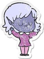 distressed sticker of a happy cartoon elf girl vector