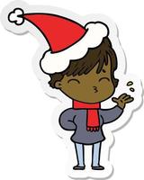 sticker cartoon of a woman thinking wearing santa hat vector