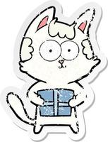 distressed sticker of a happy cartoon cat with present vector