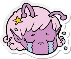 sticker of a cartoon alien space girl face crying vector