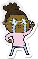 sticker of a cartoon crying woman wearing spectacles vector