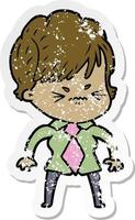 distressed sticker of a cartoon frustrated woman vector